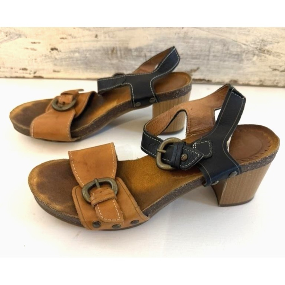 Pikolinos Sandals Womens Tan Black Leather Strappy Buckle Block Heel Shoes